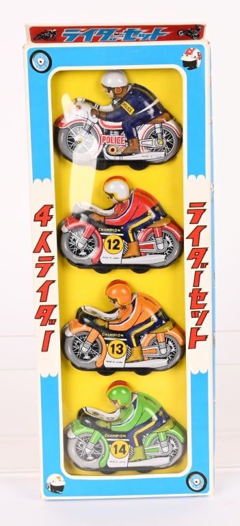 JAPAN TIN FRICTION 4 MOTORCYCLE SET w/ BOX: New Old Stock 4 Motorcycle Set. Comes in Japanese style Box. 13" Excellent