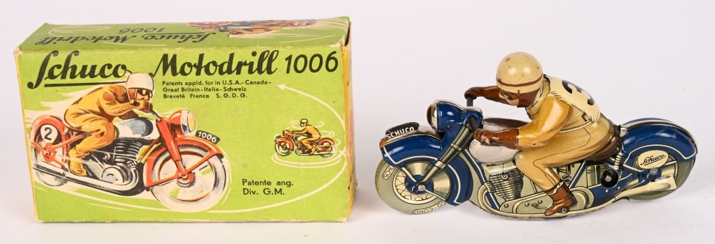 SCHUCO WINDUP 1006 BLUE MOTORCYCLE w/ BOX: All original in great condition. Works. Boxed 5" Excellent