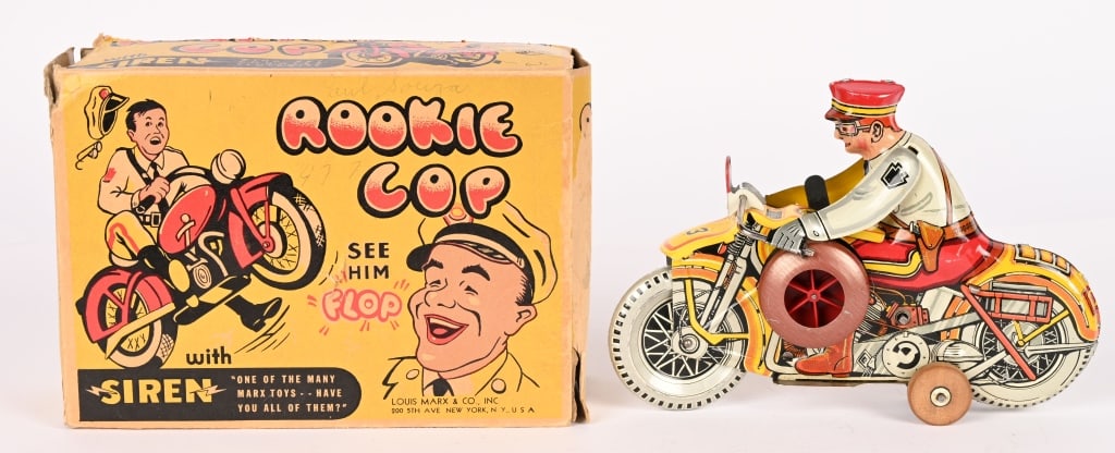 MARX TIN WINDUP ROOKIE COP MOTORCYCLE w/ BOX: All original in great shape. Works. Boxed. 8 1/2" Excellent