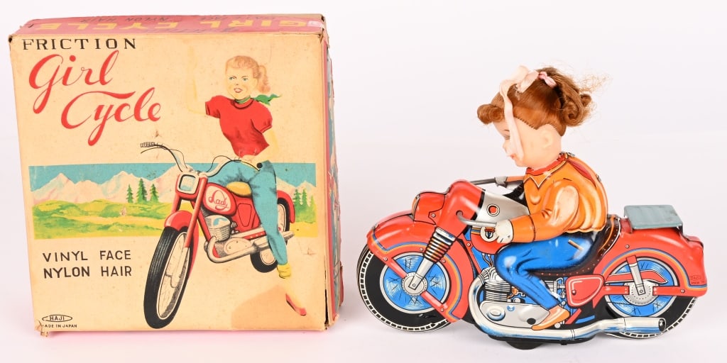 JAPAN TIN FRICTION GIRL CYCLE w/ BOX (1 of 8)