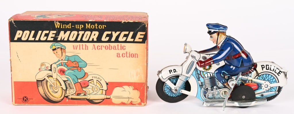 JAPAN TIN WINDUP POLICE MOTORCYCLE w/ BOX: All original in great condition. Windup works. Boxed 7" Excellent
