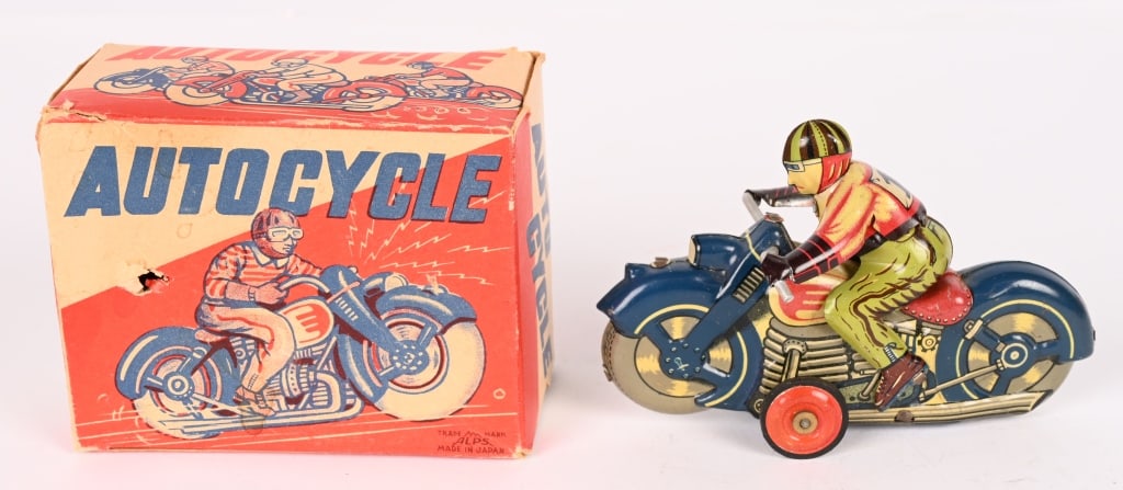 JAPAN TIN FRICTION AUTO CYCLE w/ BOX: All original in great shape. Friction works. Boxed 4 1/2" Excellent