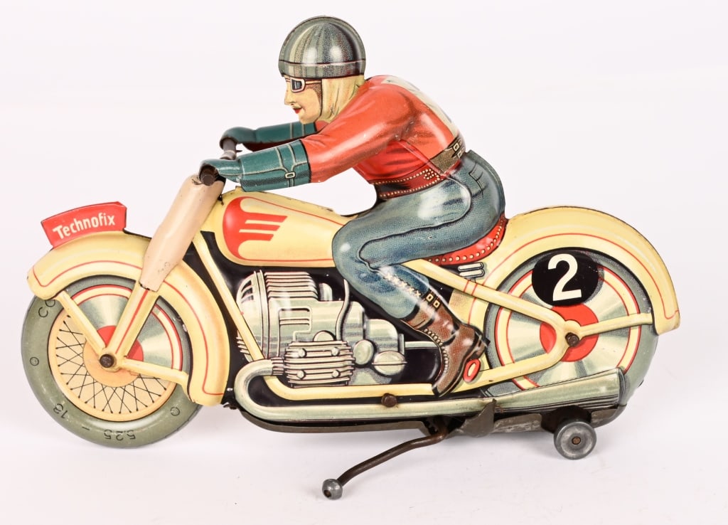 TECHNOFIX TIN WINDUP #2 RACING MOTORCYCLE: All original in great shape. Works. 7" Excellent
