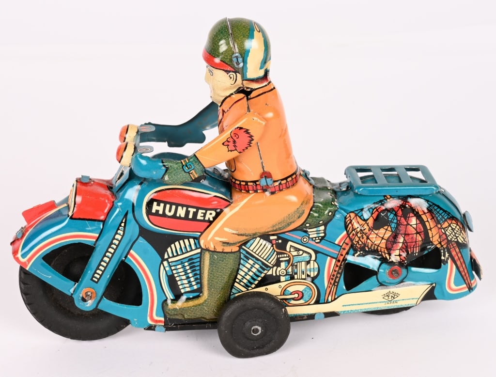 JAPAN TIN FRICTION HUNTER MOTORCYCLE: All original in great shape. Friction works. 6 1/2" Excellent
