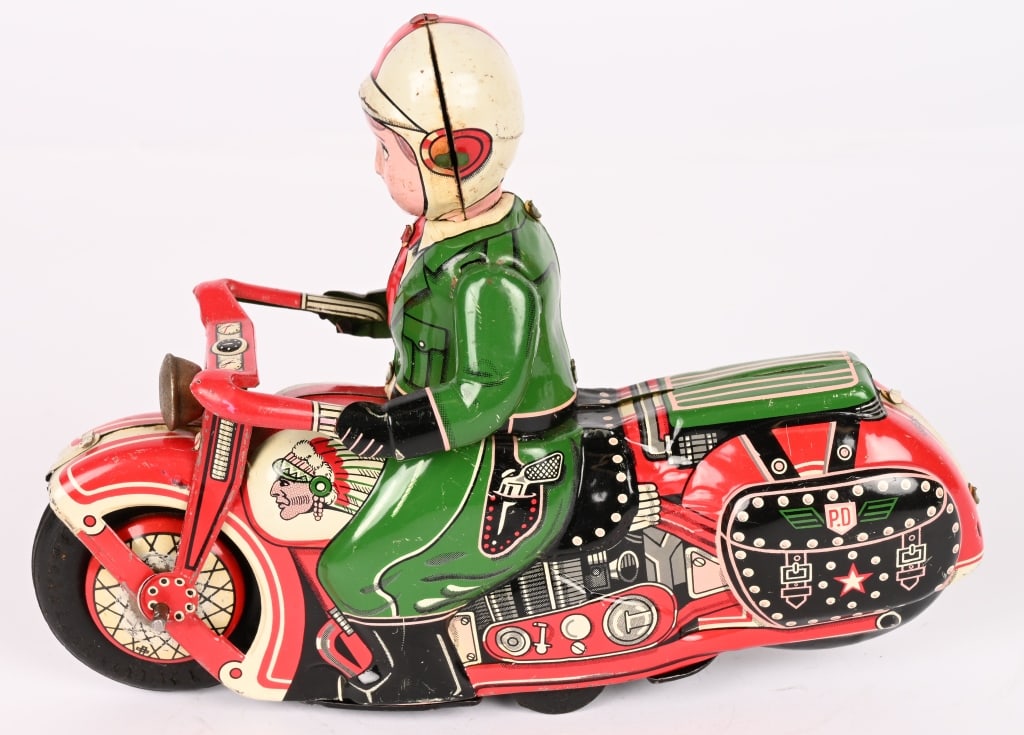 JAPAN TIN FRICTION INDIAN MOTORCYCLE: Nice large bike. All original with nice colors and details. Friction works. 8" Excellent