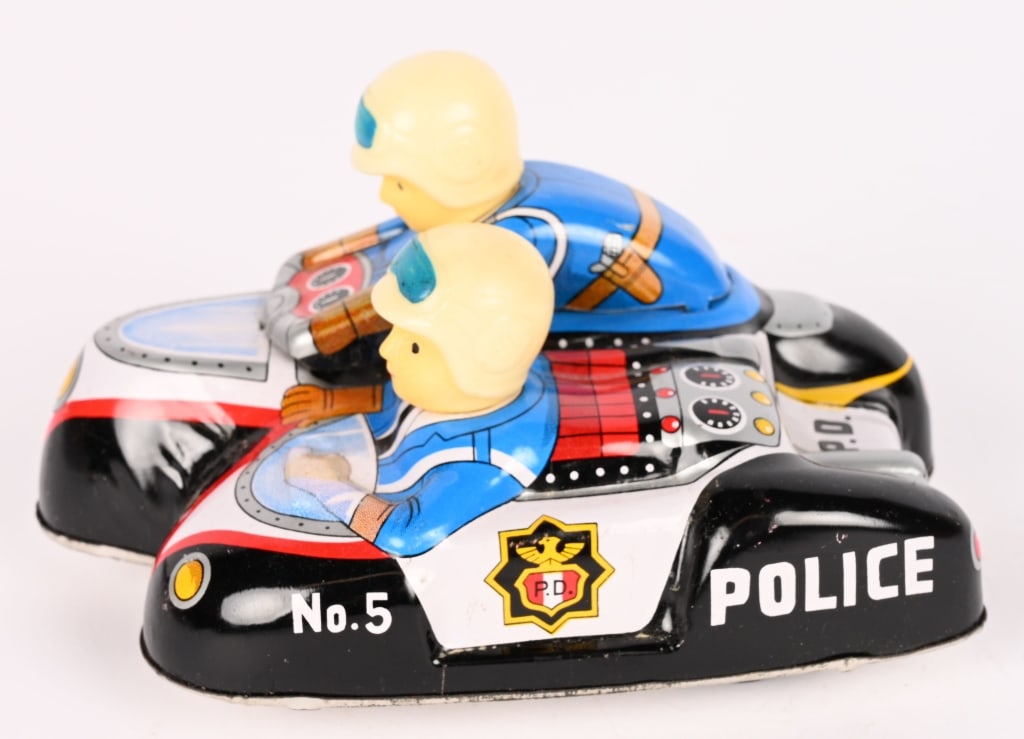 JAPAN TIN FRICTION POLICE MOTORCYCLE & SIDECAR: All original in great condition. Friction works. 5" Excellent