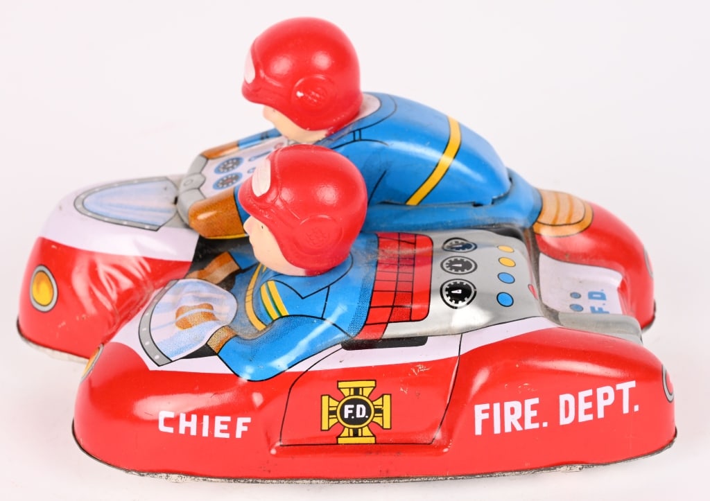 JAPAN TIN FRICTION FIRE DEPT MOTORCYCLE & SIDECAR (1 of 5)