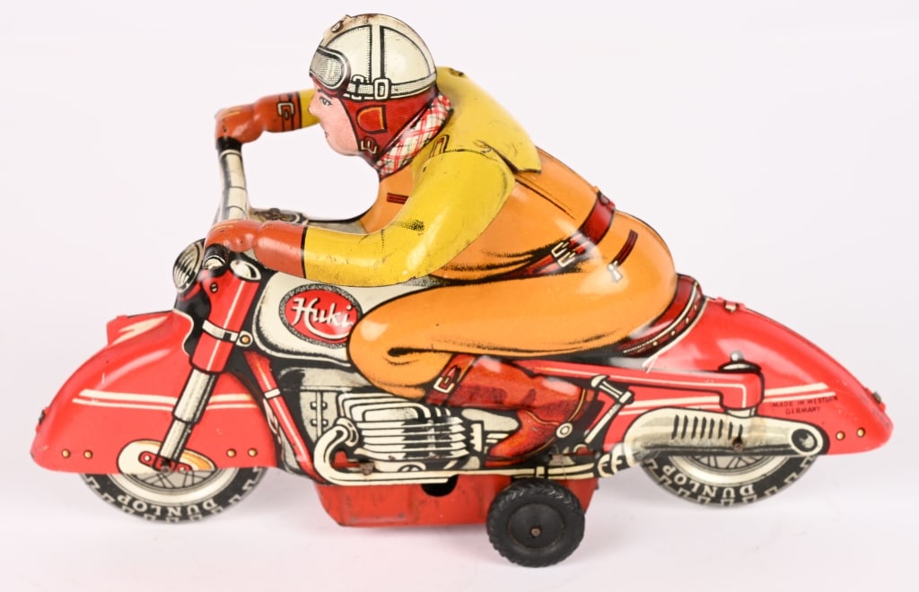 HUKI TIN FRICTION CIVILIAN MOTORCYCLE: All original in great shape. Friction works. 7" Excellent