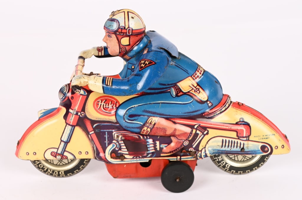 HUKI TIN FRICTION POLICE MOTORCYCLE: All original in great shape. Friction works. 7" Excellent