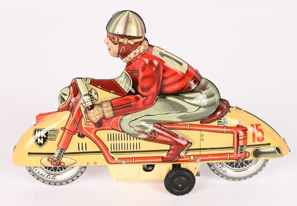HUKI TIN FRICTION RACING MOTORCYCLE: All original in great shape. Friction works. 7" Excellent