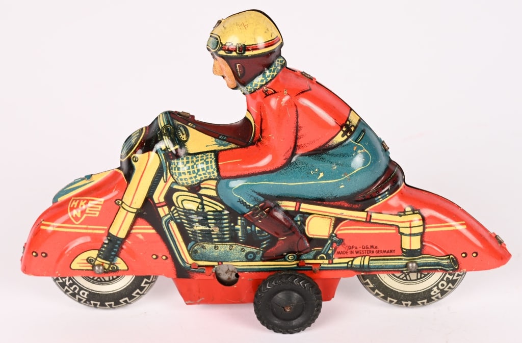 HUKI TIN FRICTION CIVILIAN MOTORCYCLE: All original in great shape. Friction works. 5 1/2" Excellent