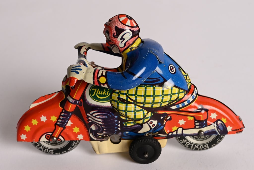 HUKI TIN FRICTION CLOWN MOTORCYCLE: All original in great shape. Friction works. 5 1/2" Excellent