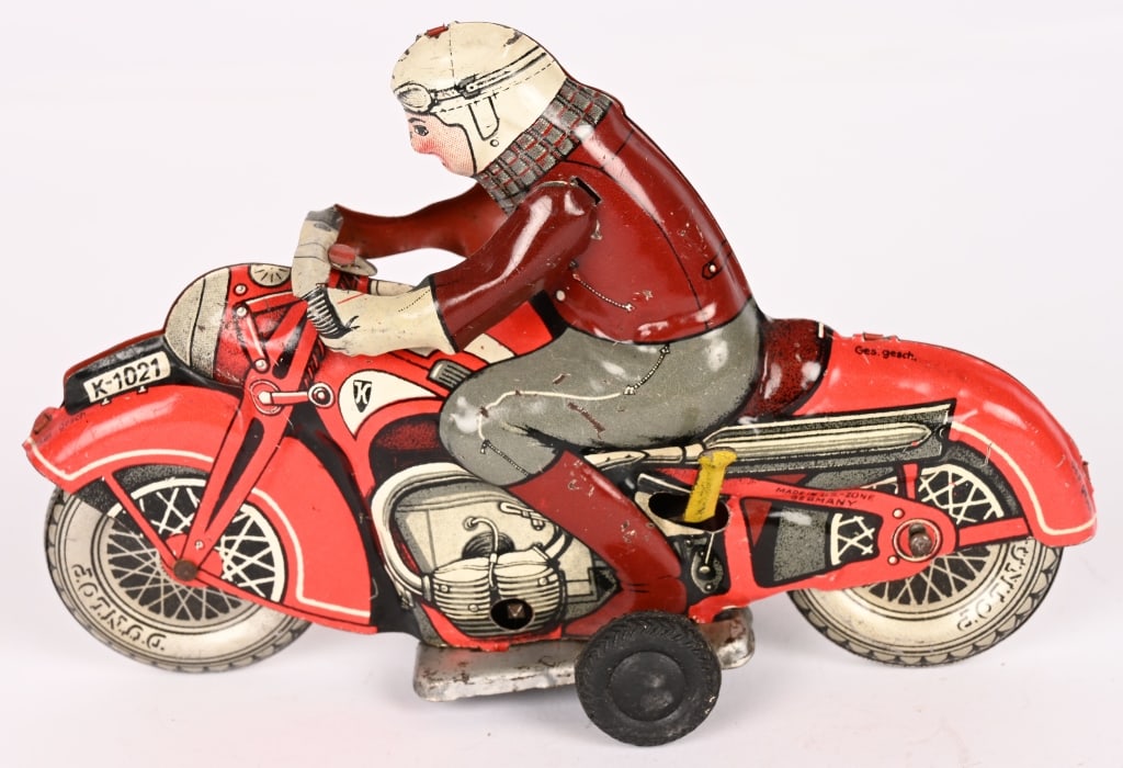 HUKI TIN WINDUP CIVILIAN MOTORCYCLE: All original in great shape. Works. 5 1/2" Excellent