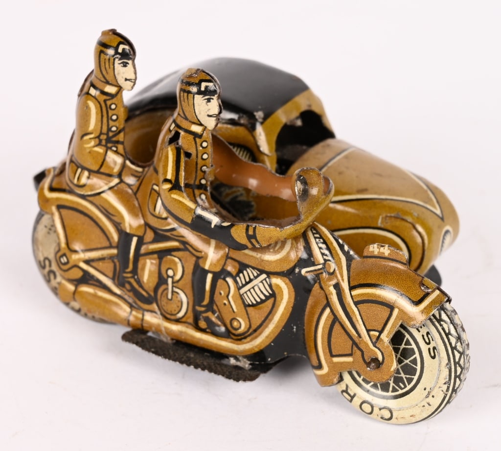 GERMAN TIN WINDUP MOTORCYCLE w/ SIDECAR (1 of 5)