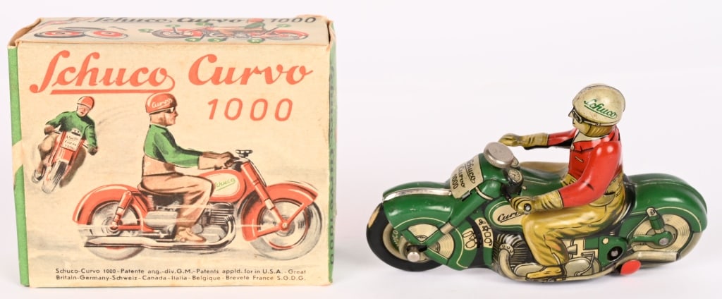 SCHUCO TIN WINDUP CURVO 1000 MOTORYCLE w/ BOX: All original in great shape. Windup works. Boxed 5" Excellent