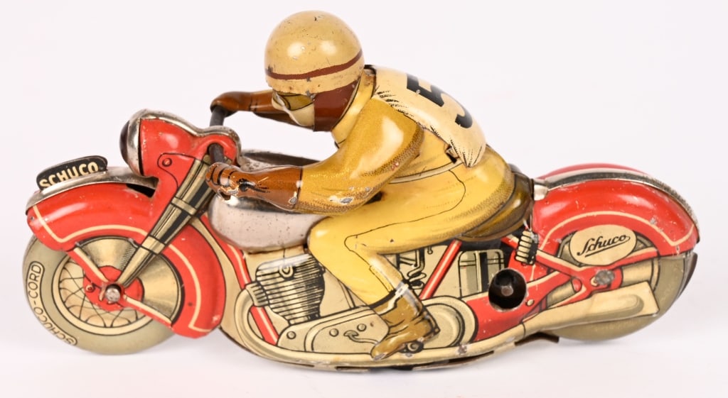 SCHUCO TIN WINDUP MOTO-DRILL 1006 MOTORYCLE: All original in great shape. Windup works. 5" Excellent