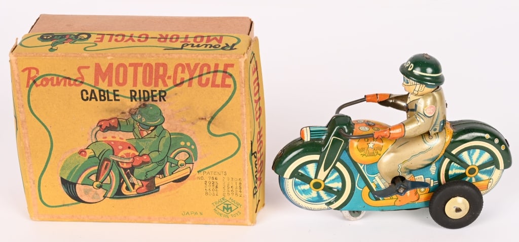 JAPAN TIN WINDUP CABLE RIDER PD MOTORCYCLE w/ BOX: All original and complete with cable. Very nice shape. Works. Boxed 4 1/2" Excellent