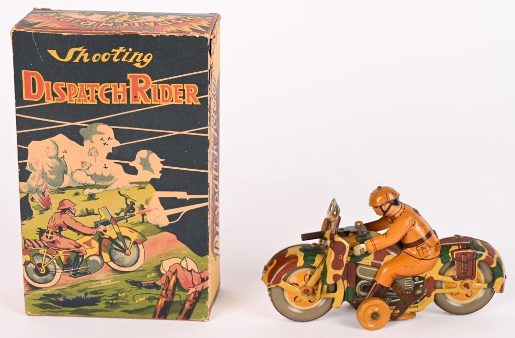 JAPAN TIN WINDUP SOLDIER ON MOTORCYCLE: All original in nice condition. Works. 5 1/2" Excellent