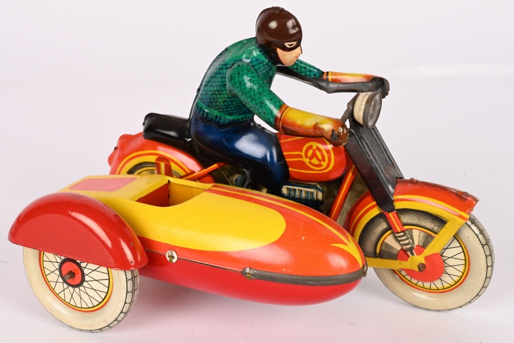 RUSSIAN TIN WINDUP MOTORCYCLE & SIDECAR: All original in clean condition. Windup works. 8 1/2" Excellent