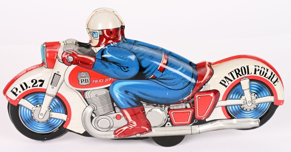 JAPAN TIN FRICTION PATROL POLICE MOTORCYCLE: Very large. All original in great shape. Friction works. 13" Excellent