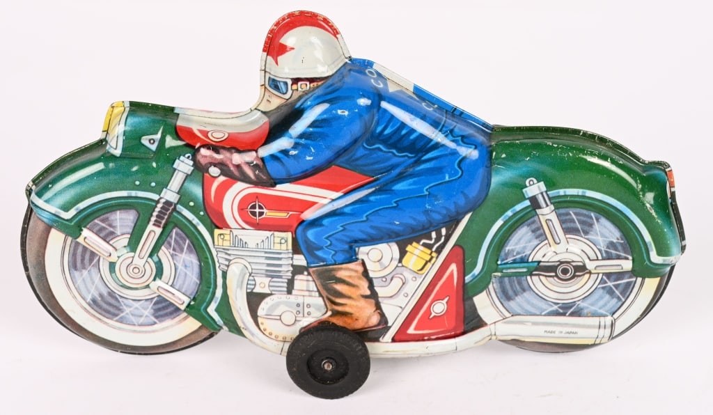 JAPAN TIN FRICTION COMET CLUB MOTORCYCLE: All original with nice colors. Friction works. 8" Excellent