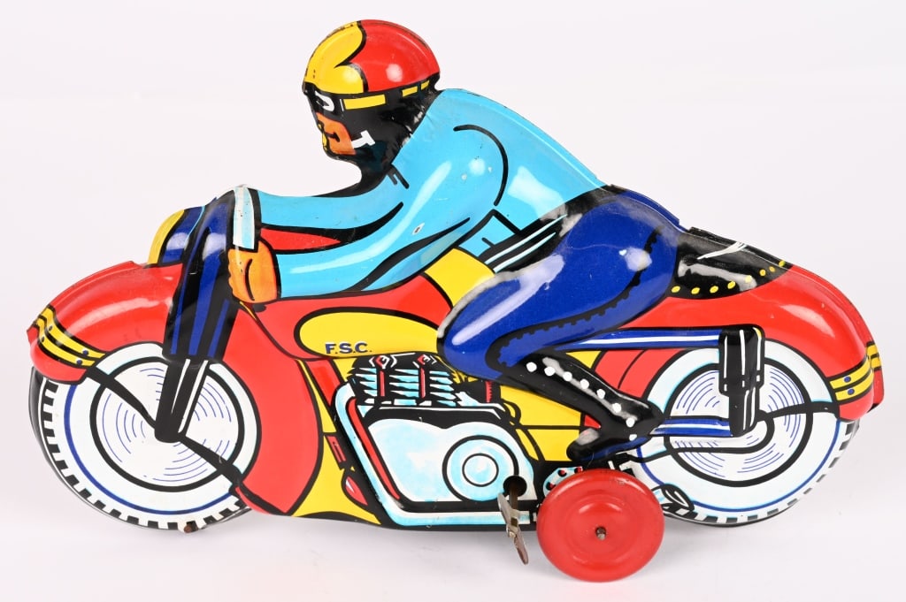 FSC TIN WINDUP CIVILIAN MOTORCYCLE: All original with nice colors. Windup works. 9" Excellent