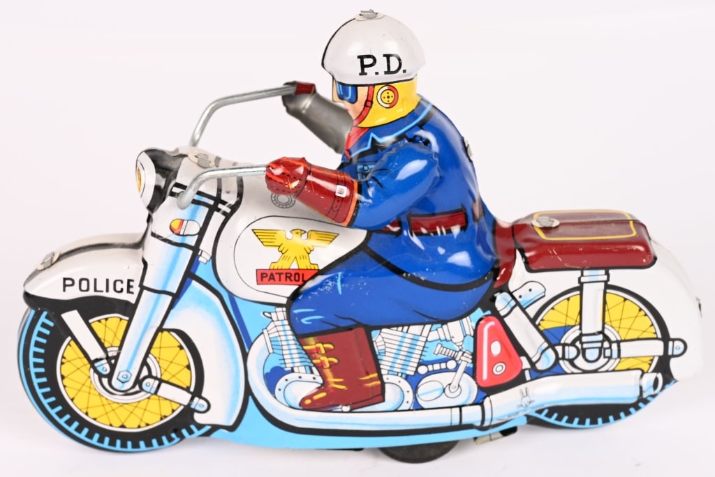 JAPAN TIN FRICTION POLICE MOTORCYCLE: All original in nice shape. Friction works. 7" Excellent