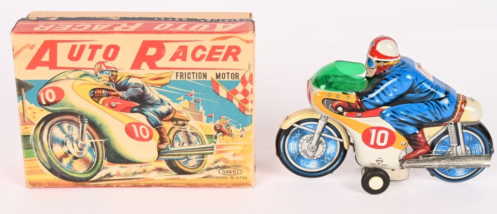 JAPAN TIN FRICTION AUTO RACER MOTORCYCLE w/ BOX: All original and looks never played with. Friction works. Boxed 6" Excellent