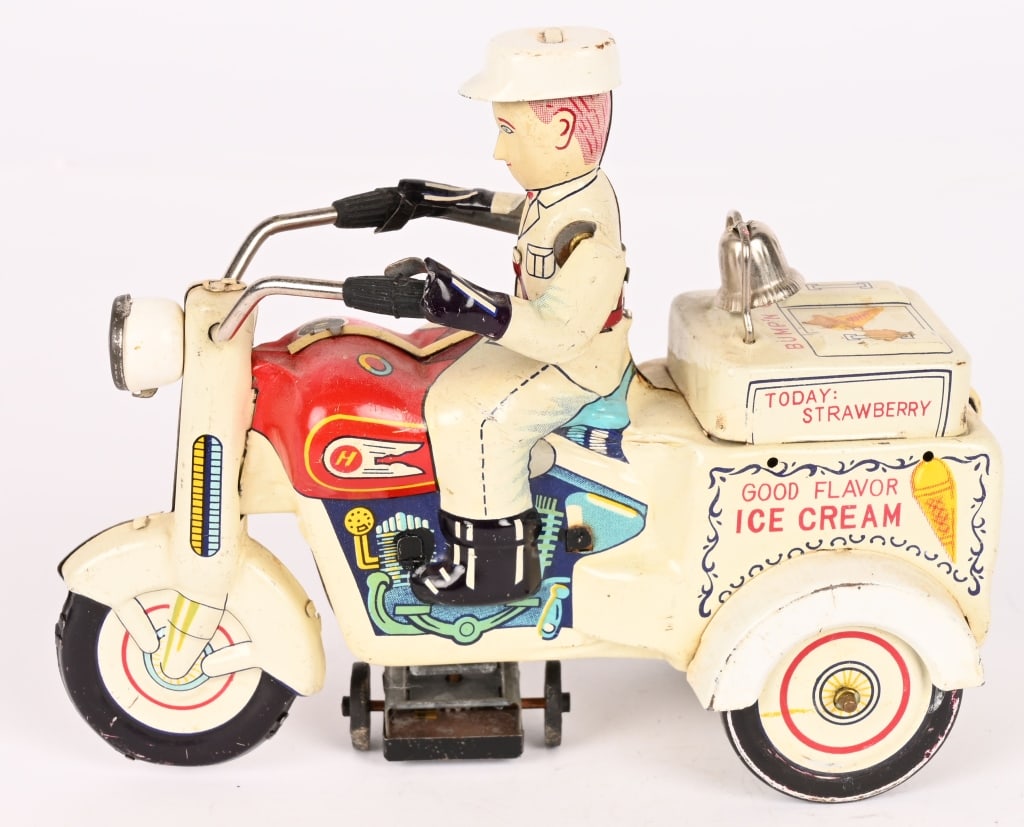 JAPAN TIN WINDUP ICE CREAM MOTORCYCLE TRIKE: All original in clean condition. Windup works. 6" Excellent