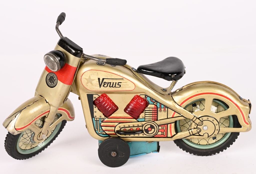 JAPAN TIN FRICTION VENUS MOTORCYCLE: All original in great condition. Friction works. 9" Excellent