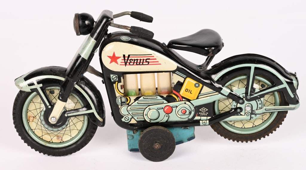 JAPAN TIN FRICTION VENUS MOTORCYCLE: All original in great condition. Friction works. 9" Excellent