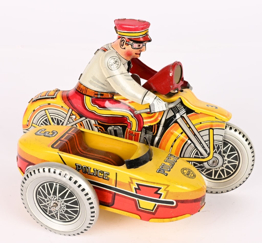 MARX TIN WINDUP MOTORCYCLE w/ SIDECAR: All original in nice condition. Works. 8" Excellent