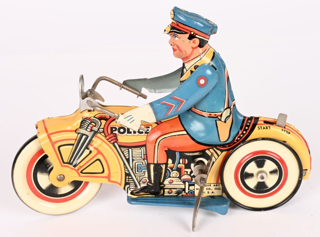 UNIQUE ART TIN WINDUP POLICE MOTORCYCLE: All original in nice condition. Works. 8" Excellent