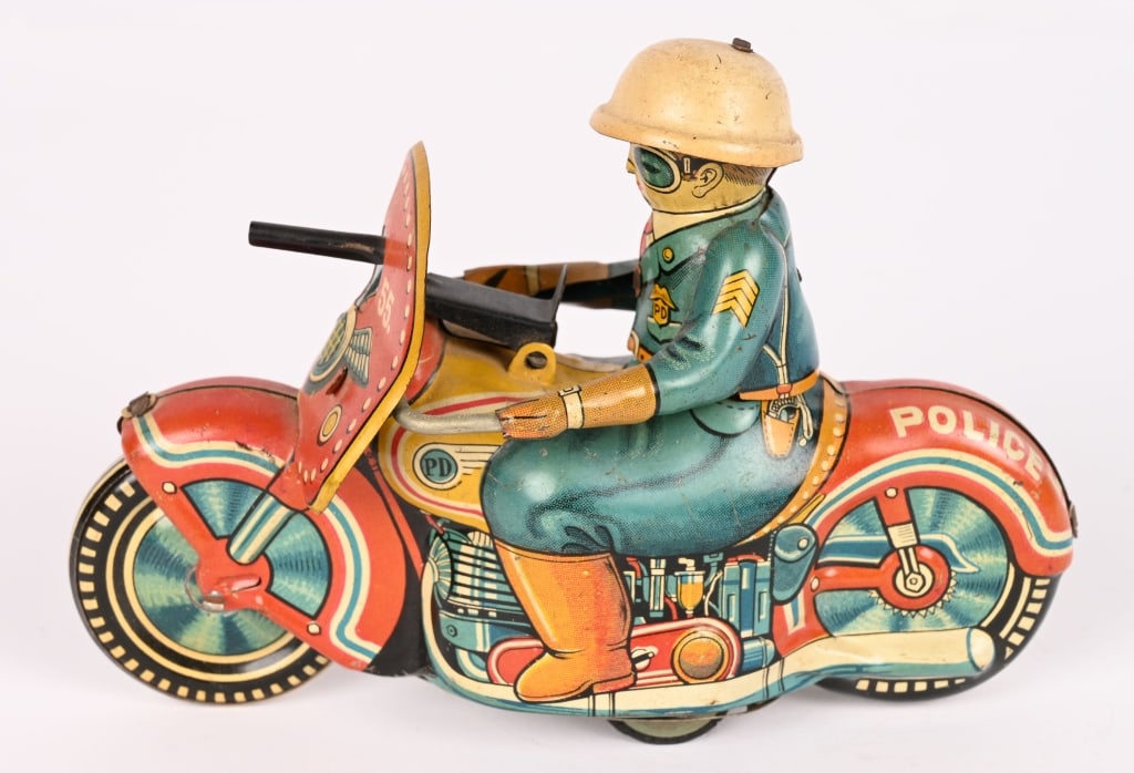 JAPAN TIN FRICTION POLICE MOTORCYCLE: All original in nice shape. Friction works. 5 1/2" Excellent