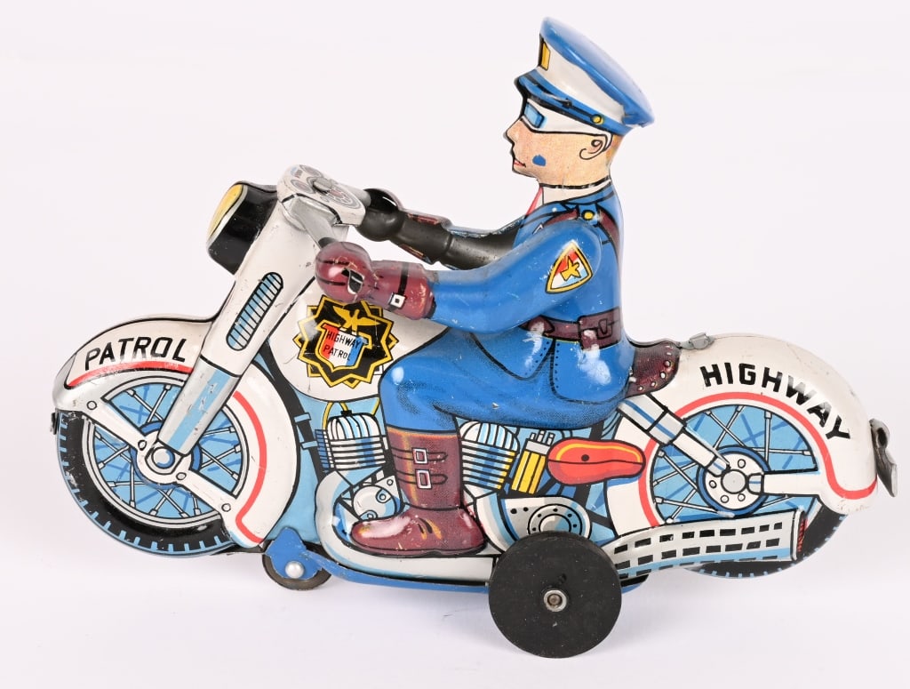 JAPAN TIN FRICTION HIGHWAY PATROL MOTORCYCLE: All original in great shape. Friction works. 5 1/2" Excellent