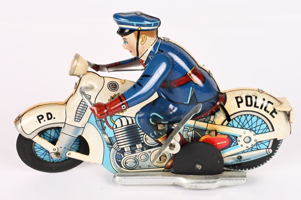 JAPAN TIN WINDUP PD POLICE MOTORCYCLE: All original in great shape. Windup works. 7" Excellent