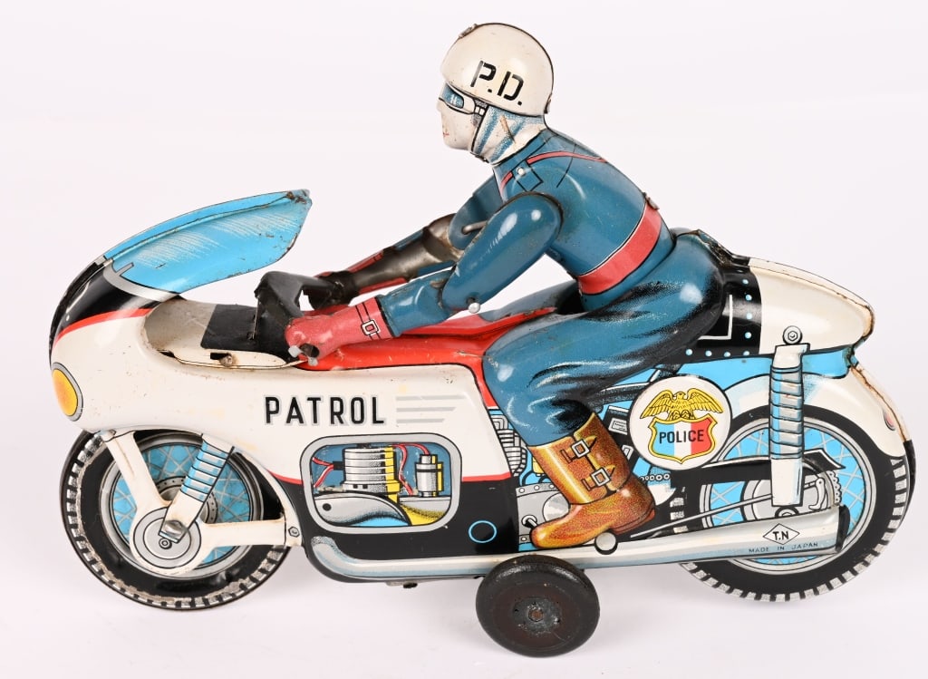 JAPAN TIN FRICTION PD PATROL MOTORCYCLE: All original in great shape. Friction works. 8" Excellent