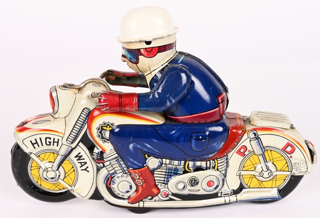 JAPAN TIN FRICTION HIGHWAY PD MOTORCYCLE: All original in great shape. Friction works. 10" Excellent