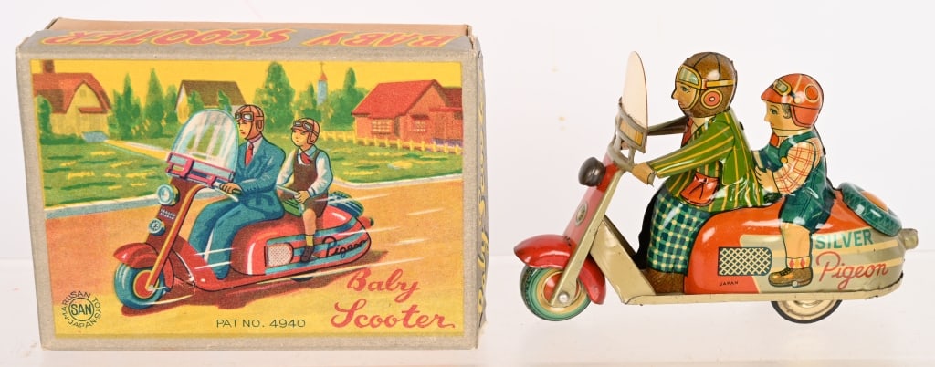 JAPAN TIN FRICTION SILVER PIGEON SCOOTER w/ BOX: Outstanding Silver Pigeon Scooter made in Japan. All original and in wonderful condition. Toy has 2 passengers. Scooter has amazing colors and wonderful details. Still has plastic windshield. Friction