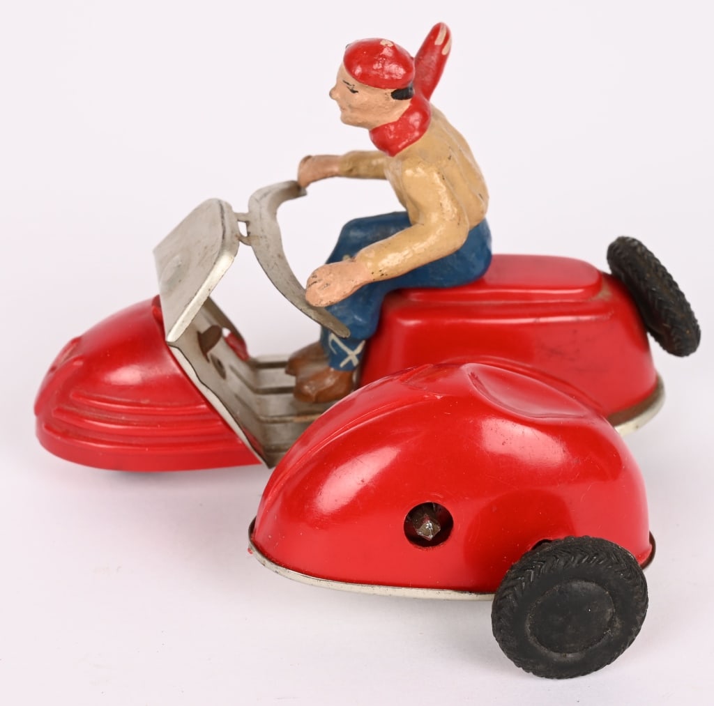 INGAP TIN WINDUP SCOOTER w/ SIDECAR: All original complete with Driver. Very clean condition. Windup works. 4" Excellent