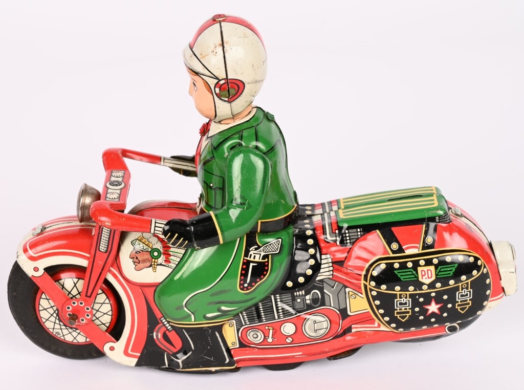 JAPAN TIN FRICTION INDIAN PD MOTORCYCLE: All original with great colors. Friction works. Has Indian Chief on tank. 8 1/2" Excellent