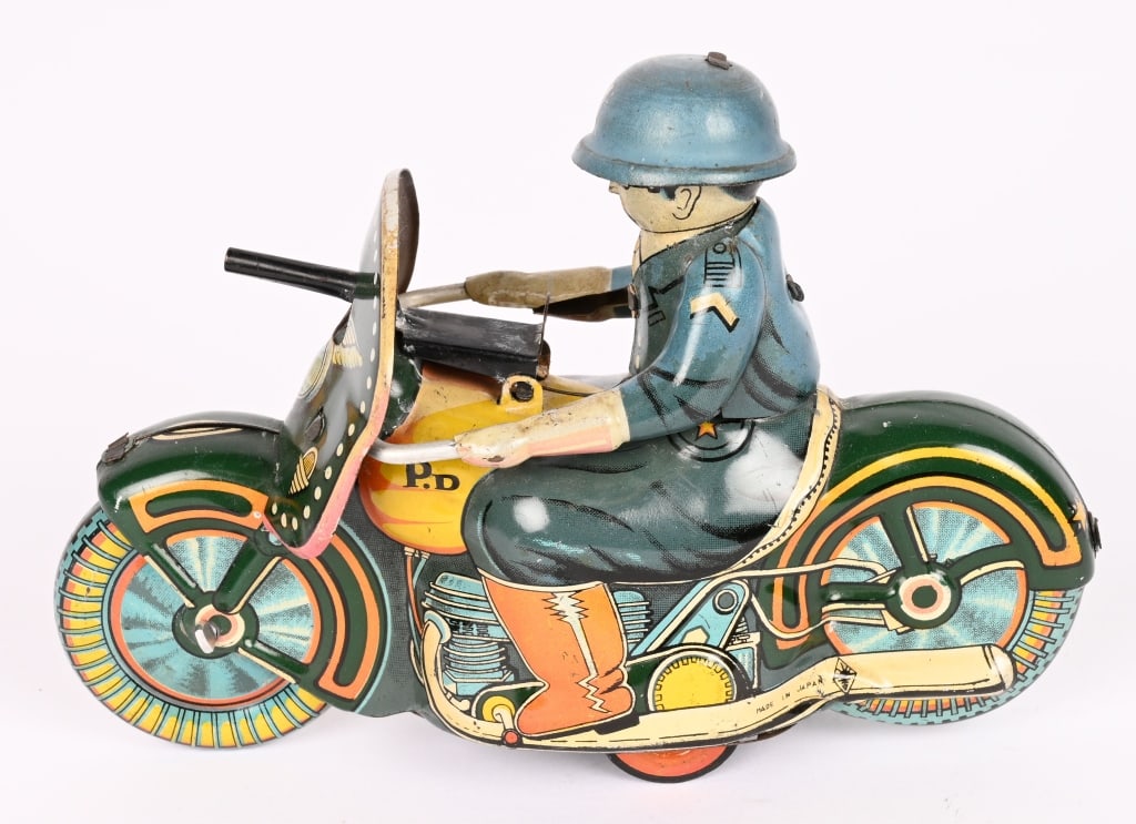 JAPAN TIN FRICTION MILITARY POLICE MOTORCYCLE: All original with nice colors. Friction works. 5 1/2" Excellent