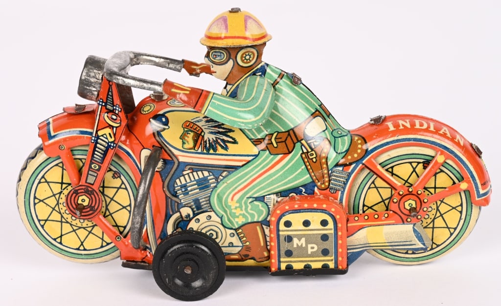JAPAN TIN FRICTION INDIAN MP MOTORCYCLE: All original with nice colors. Friction works. 6" Excellent
