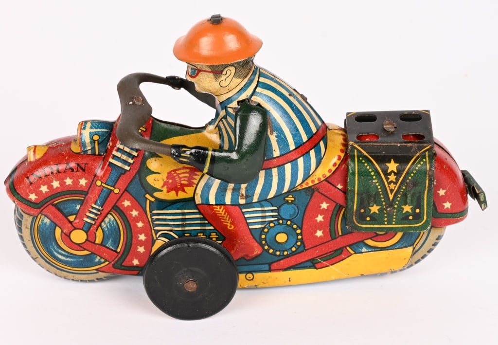 JAPAN TIN FRICTION INDIAN MOTORCYCLE: All original with nice colors. Friction works. 5" Excellent