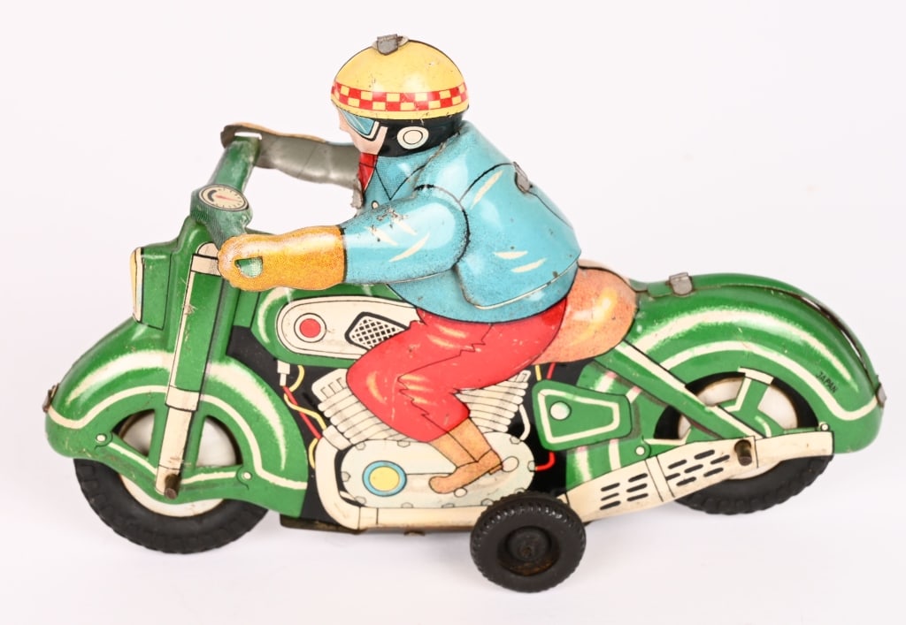 JAPAN TIN FRICTION CIVILIAN MOTORCYCLE: All original with nice colors. Friction works. 5" Excellent