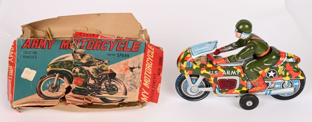 JAPAN TIN FRICTION US ARMY MOTORCYCLE: All original with colorful camo. Friction works. With partial Box. 8" Excellent