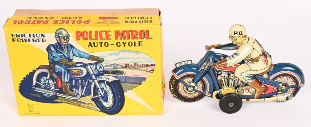 JAPAN TIN FRICTION POLICE PATROL MOTORCYCLE w/BOX: All original and looks never played with condition. Friction works. Boxed 7" Excellent