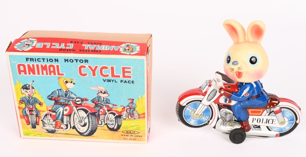 JAPAN TIN FRICTION ANIMAL CYCLE w/ BOX: new Old Stock Rabbit on Motorcycle. Friction works. Boxed 5" Excellent