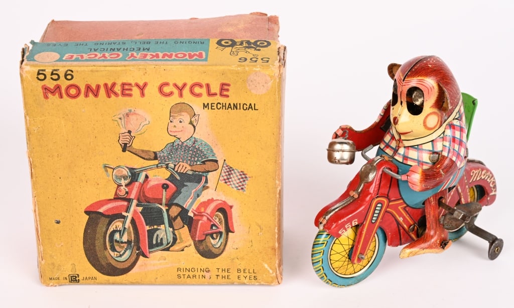 JAPAN TIN WINDUP MONKEY CYCLE w/ BOX: All original in nice shape. Windup works. Boxed 5" Excellent