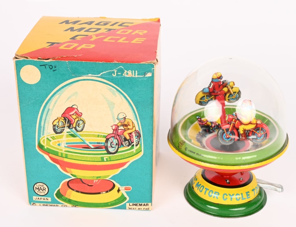 LINEMAR MAGIC MOTORCYCLE TOP w/ BOX: All original in great shape. Very colorful. Works. Boxed 5 1/2" Excellent